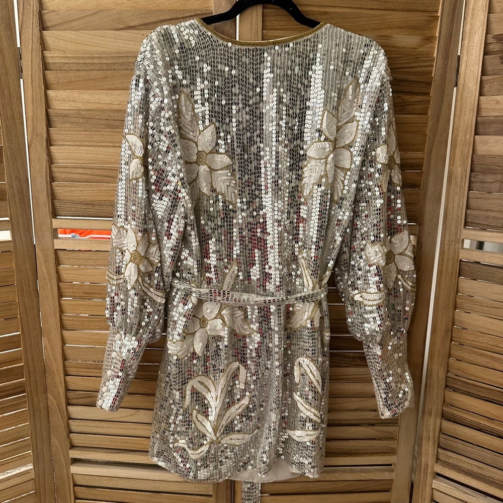ASOS EDITION floral sequin wrap mini dress in white and silver size 12 - Picture 7 of 10